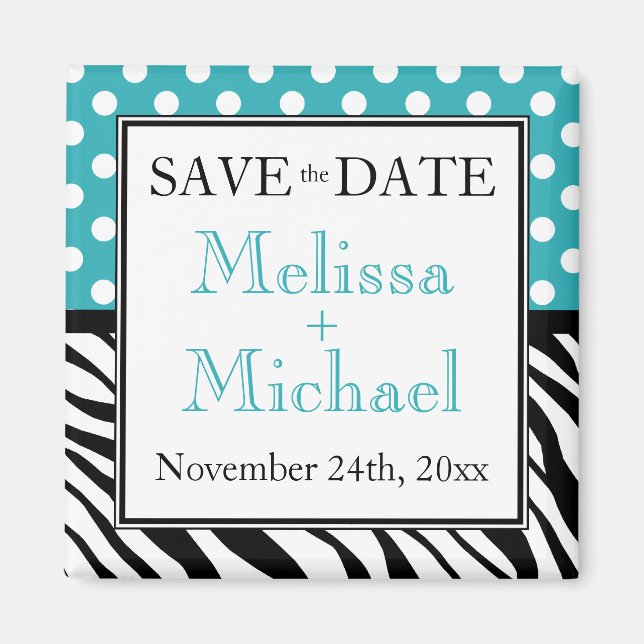 Polka Dot Turquoise Zebra Print Save the Date Magnet (Front)