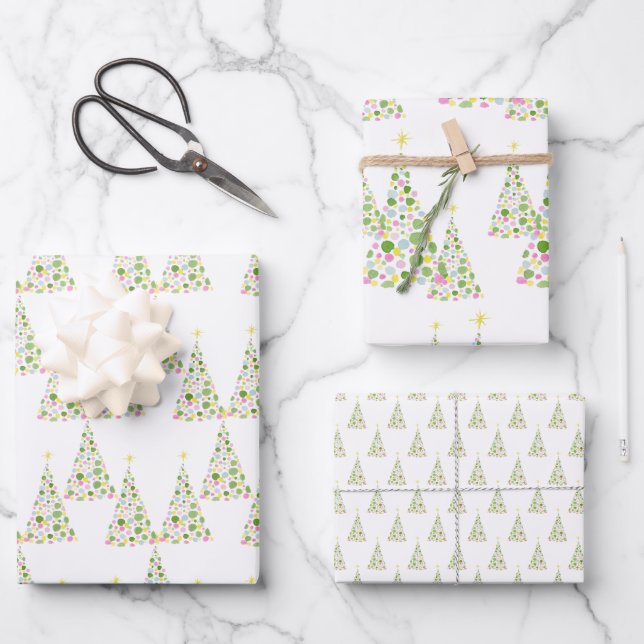 Polka Dot Watercolor Christmas Tree Wrapping Paper Sheet (Front)