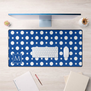 Polka Dot White Blue Monogram Desk Mat