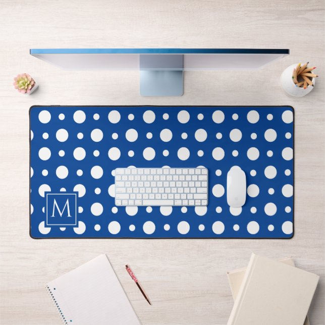 Polka Dot White Blue Monogram Desk Mat (Office 1)
