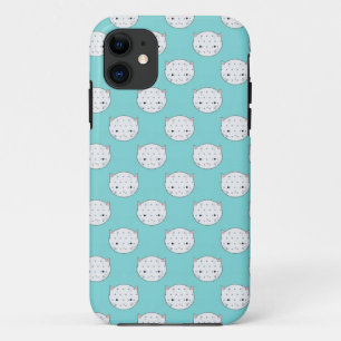 Polka Dot White Kitty Face over Teal iPhone 11 Case