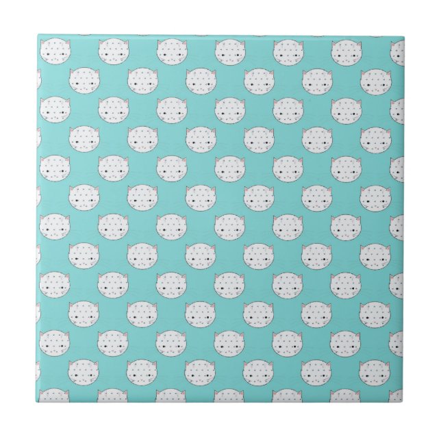 Polka Dot White Kitty Face over Teal Tile (Front)