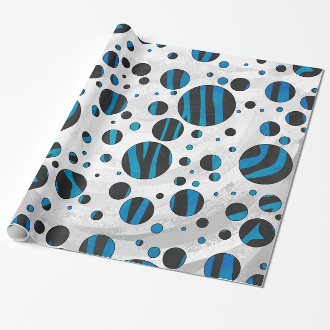 Polka Dot Zebra Black and Blue Pattern Wrapping Paper (Unrolled)