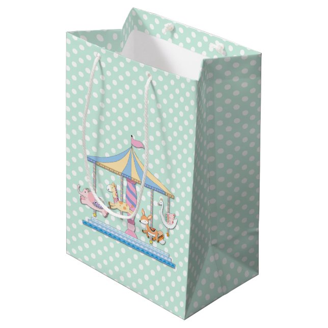 Polka Dots and Animal Carousel Baby Gift Bag (Front Angled)