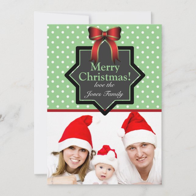 Polka Dots and Bow Festive Custom Photo Christmas Holiday Card (Front)