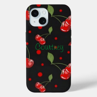 Polka dots and Cherries on a black background iPhone 15 Case