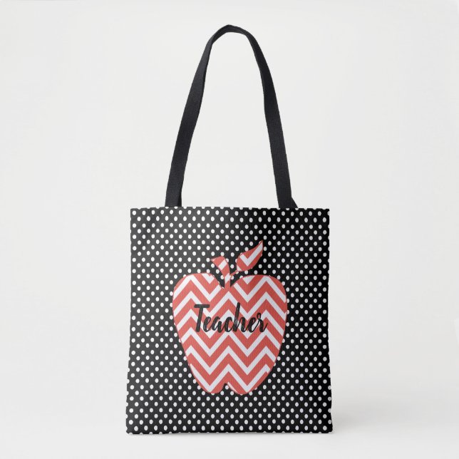 Polka Dots and Chevron Apple Teachers Tote Bag (Front)