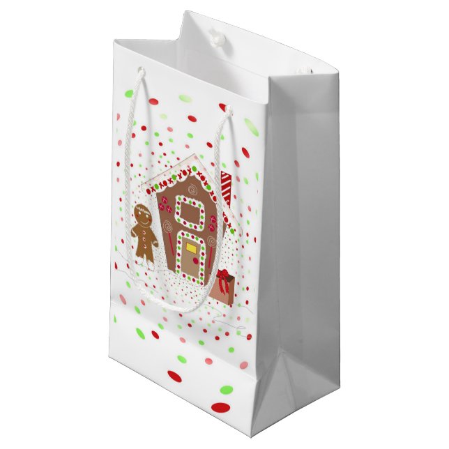 Polka Dots and Gingerbread House Small Gift Bag (Front Angled)