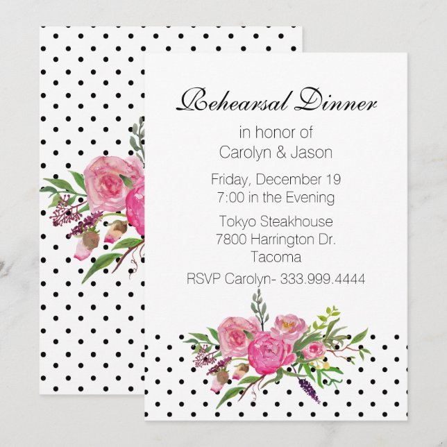 Polka Dots and Peonies Rehearsal Dinner Invitation (Front/Back)