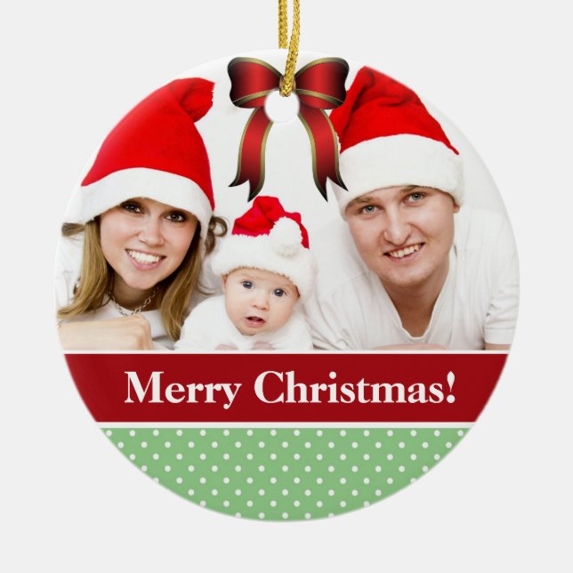 Polka Dots and Red Bow Custom Photo Christmas Ceramic Tree Decoration (Front)