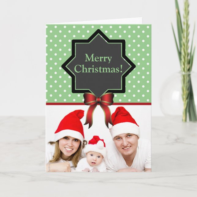 Polka Dots and Red Bow Custom Photo Christmas Holiday Card (Front)