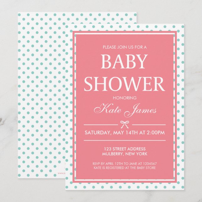 Polka Dots and Ribbon Pink Baby Shower Invitation (Front/Back)