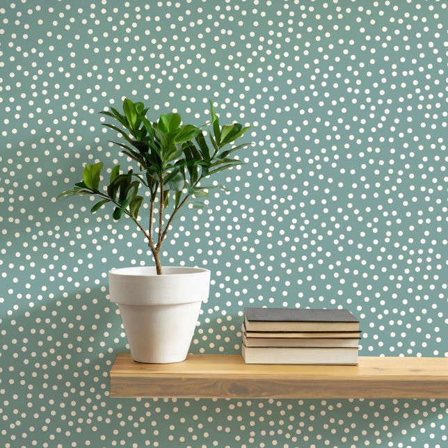 Polka Dots and Spots Cream on Sage Green Wallpaper (Pretty polka dots and spots pattern peel and stick wallpaper in cream and sage green)