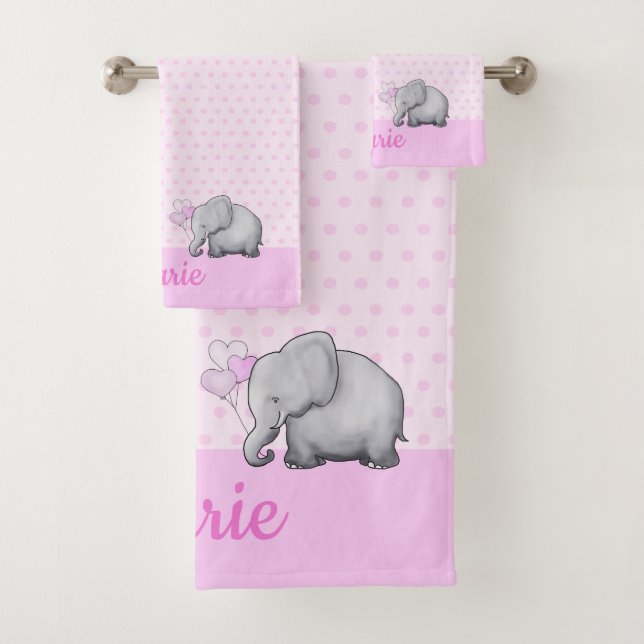 Polka Dots Baby Name Pink Elephant Girl's Nursery Bath Towel Set (Insitu)