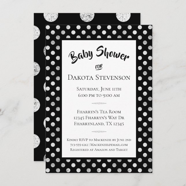 Polka Dots | Black and Silver Minimalist Shower Invitation (Front/Back)