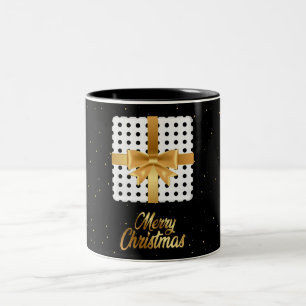 Polka Dots Black and white Christmas Golden Ribbon Two-Tone Coffee Mug