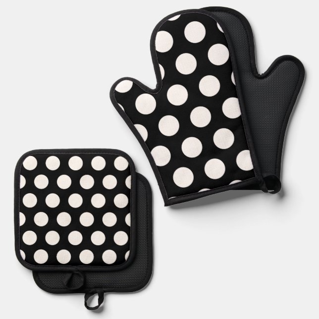 Polka Dots Black and White Oven Mitt & Pot Holder Set (Front/Back)