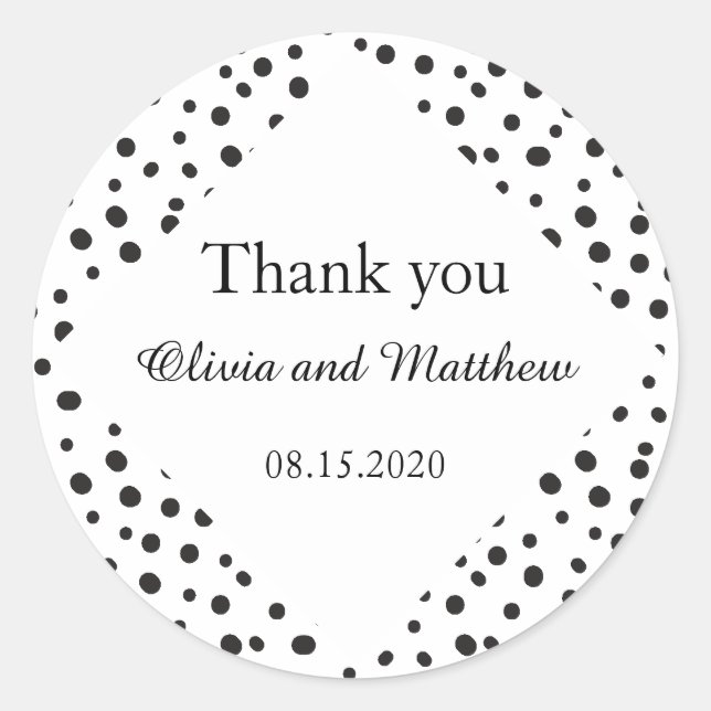 Polka dots. Black and White wedding Thank You Classic Round Sticker (Front)