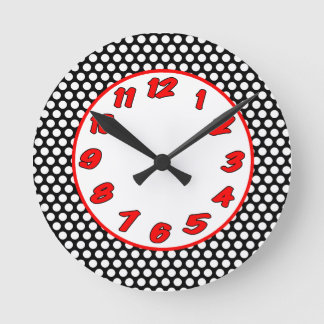 Polka Dots- Black, White & Red Round Clock