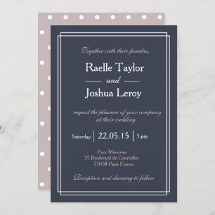 Polka dots blue blush white minimalist wedding invitation