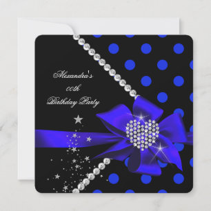 Polka Dots Blue Heart Jewel Gems Black Birthday Invitation