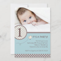 Polka Dots Blue Kids Photo Birthday Invitation