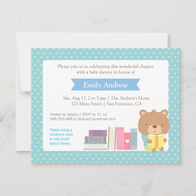 Polka Dots Book Themed Cute Teddy Bear Baby Shower Invitation (Front)