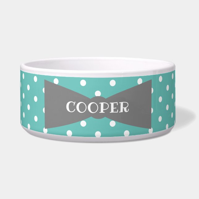 Polka Dots Bowtie Personalised Ceramic Pet Bowl (Front)