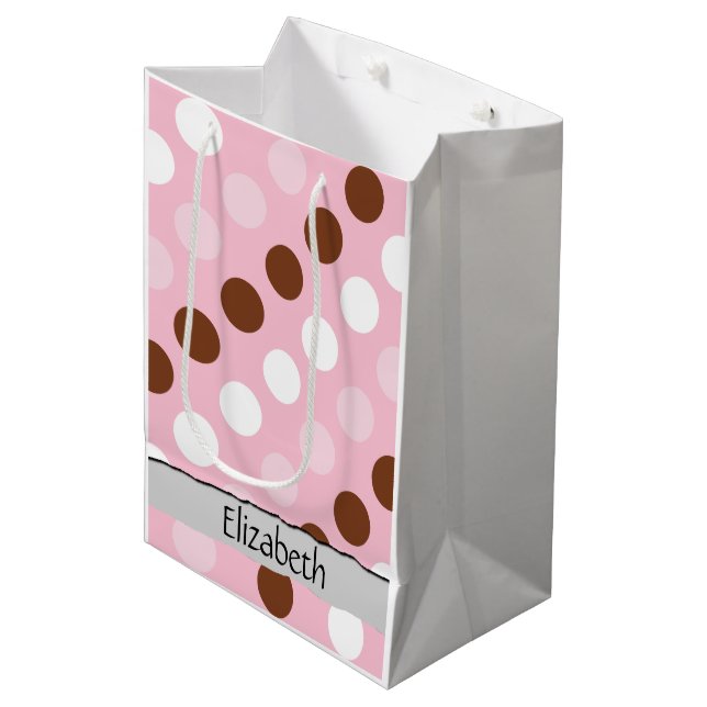 Polka Dots, Dotted Pattern, Pink, Brown, Your Name Medium Gift Bag (Front Angled)
