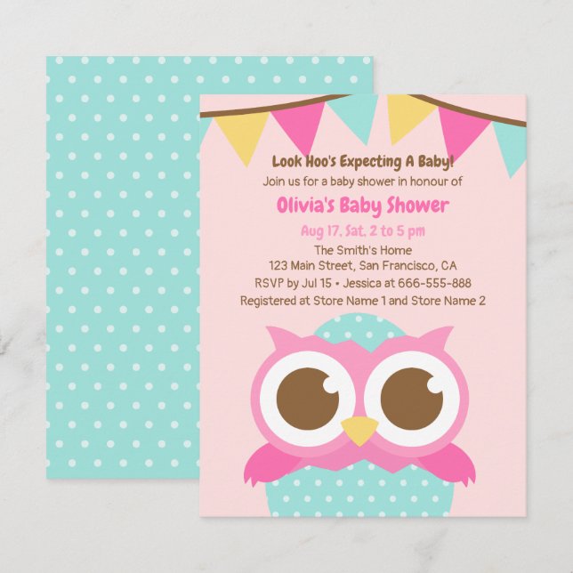 Polka Dots Egg Owl Themed Baby Shower Invitations (Front/Back)
