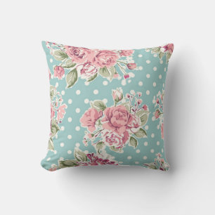 Polka dots floral shabby chic blue white elegant cushion