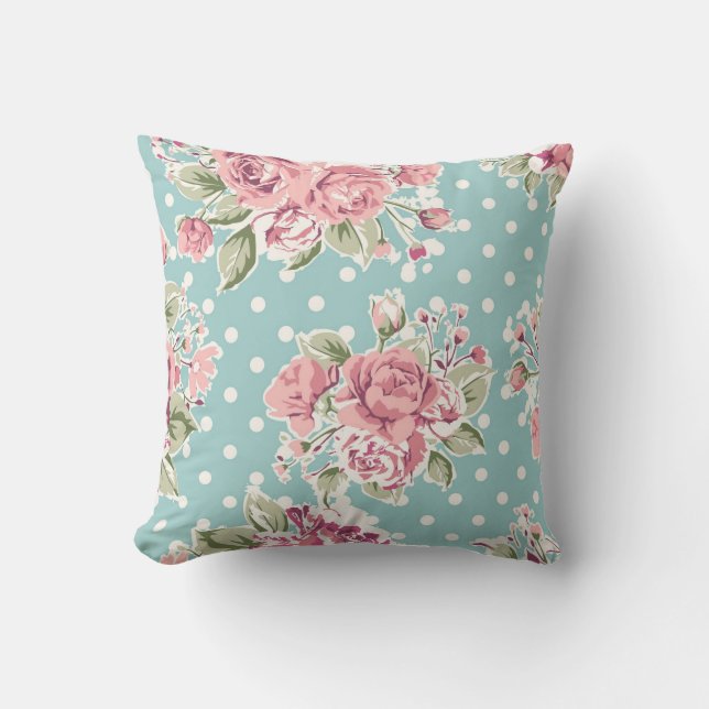 Polka dots floral shabby chic blue white elegant cushion (Front)