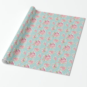 Polka dots floral shabby chic blue white elegant wrapping paper