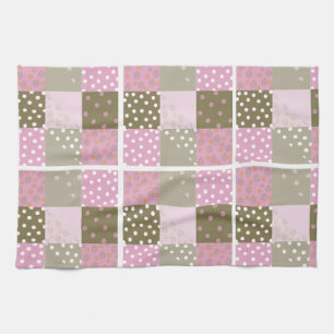 Polka Dots Flowers Brown Pink Quilt Tea Towel