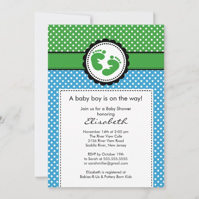Polka Dots Footprint Boy Baby Shower Invitation (Front)