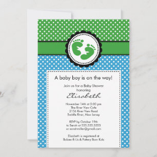 Polka Dots Footprint Boy Baby Shower Invitation