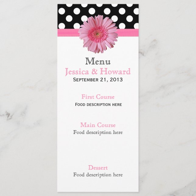 Polka Dots & Gerber Daisy Wedding Table Menu (Front)