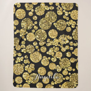 Polka Dots Gold and Black Personalised Name Sherpa Blanket
