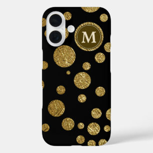 polka dots gold on black, personalized iPhone 16 case