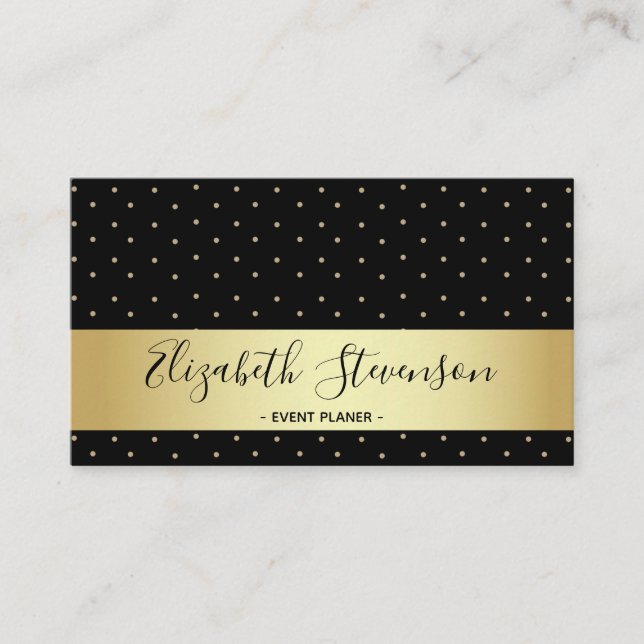 Polka Dots Golden Black Stylish Modern Glam Fancy Business Card (Front)