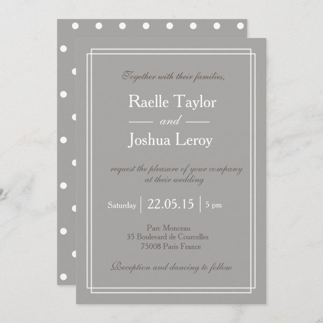 Polka dots grey white taupe minimalist wedding invitation (Front/Back)