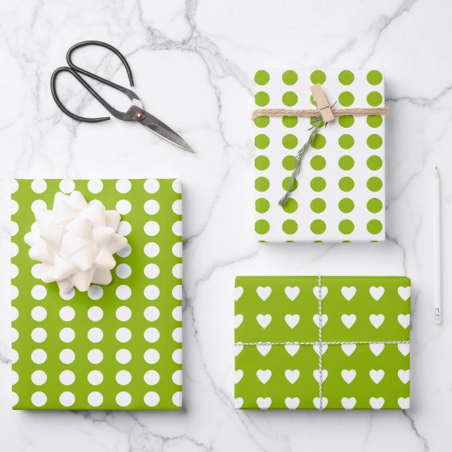 Polka dots hearts white apple green wrapping paper sheet (Front)
