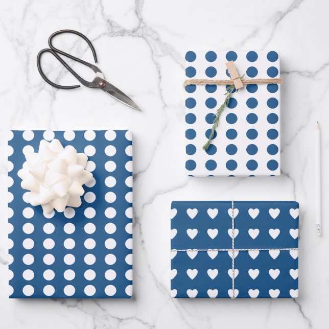 Polka dots hearts white blue wrapping paper sheet (Front)