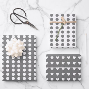 Polka dots hearts white grey wrapping paper sheet