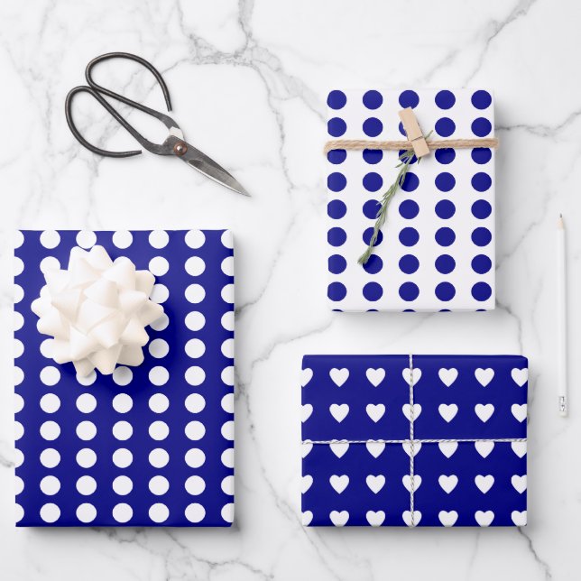 Polka dots hearts white navy wrapping paper sheet (Front)