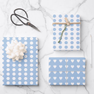 Polka dots hearts white pastel blue wrapping paper sheet