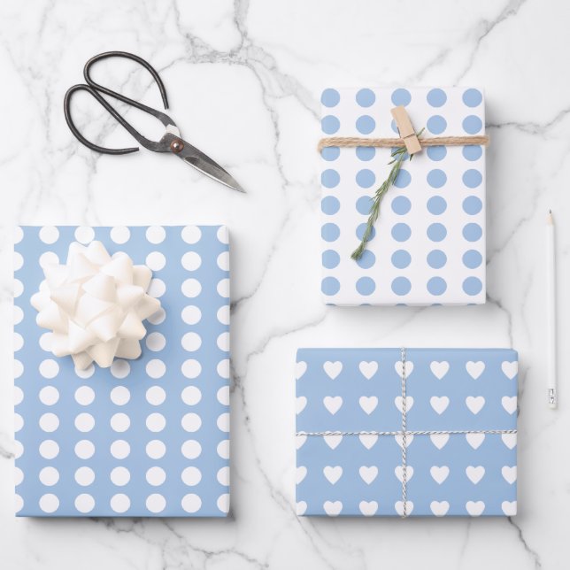 Polka dots hearts white pastel blue wrapping paper sheet (Front)