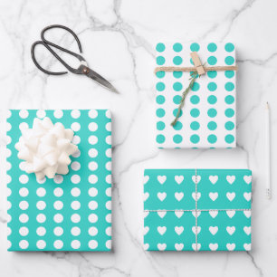 Polka dots hearts white turquoise wrapping paper sheet