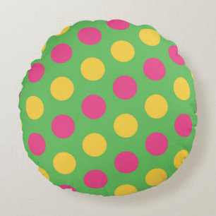 Polka Dots in Lime Green Hot Pink and Yellow Round Cushion