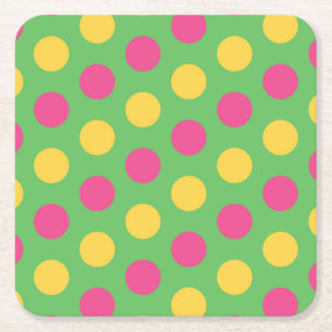 Polka Dots in Lime Green Hot Pink and Yellow Square Paper Coaster